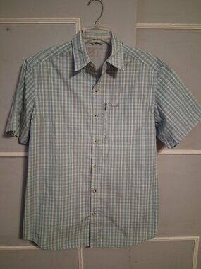 Columbia Mens Shirt M Blue Plaid Collared Button Down Short Sleeve Zip Pocket